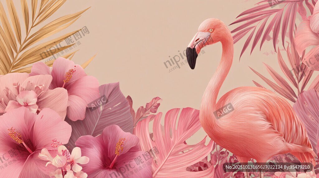 粉色火烈鸟与烂漫花卉世界