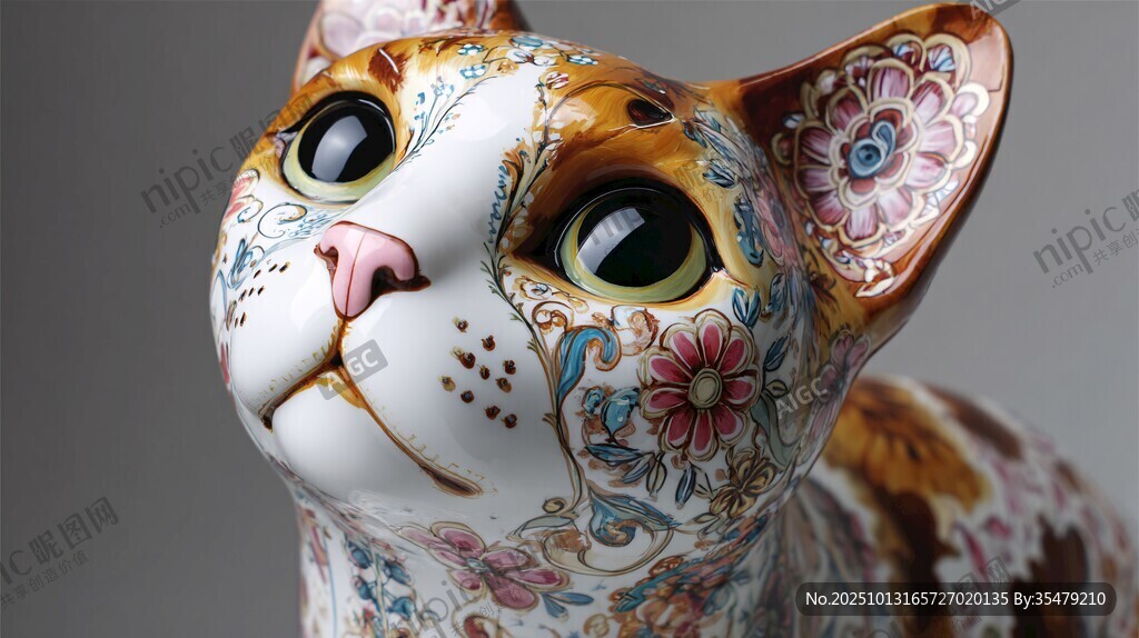 彩绘陶瓷猫摆件 精致可爱