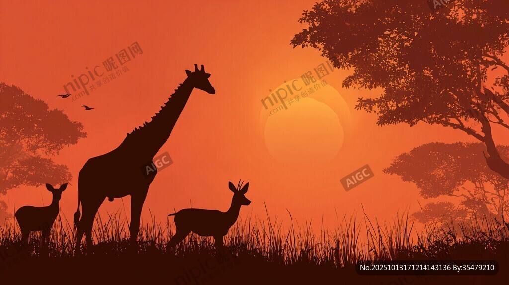 夕阳下的长颈鹿与小鹿