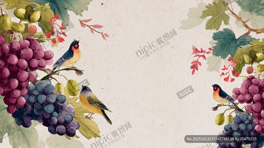 葡萄藤间的鸟儿