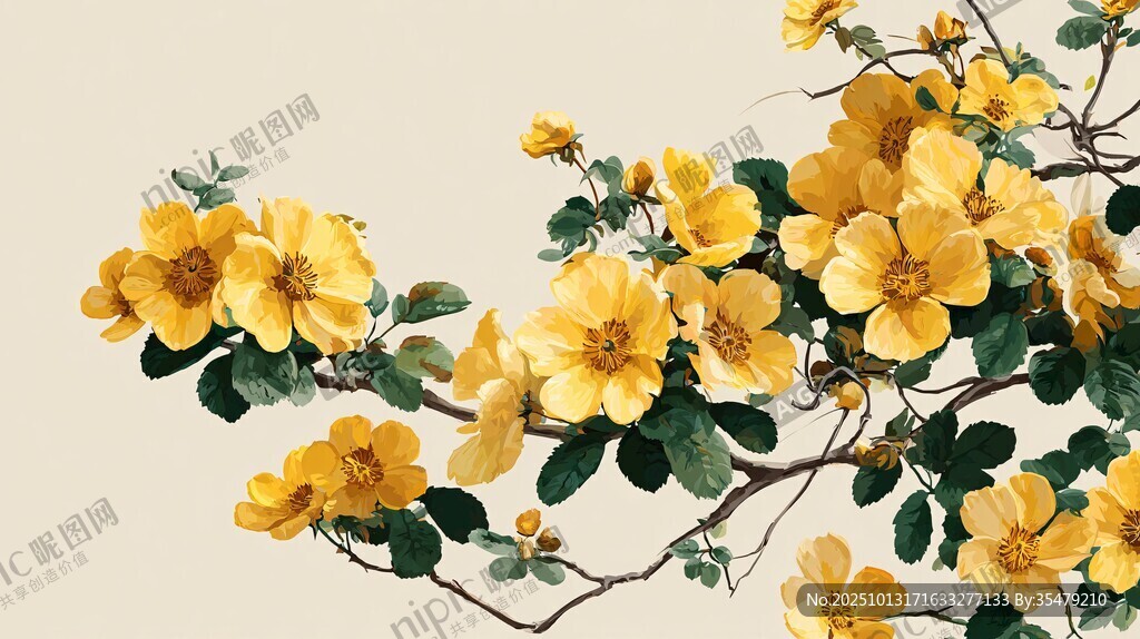 金黄绽放的娇艳蔷薇花枝