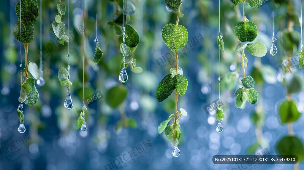 晶莹水珠垂挂翠绿叶片