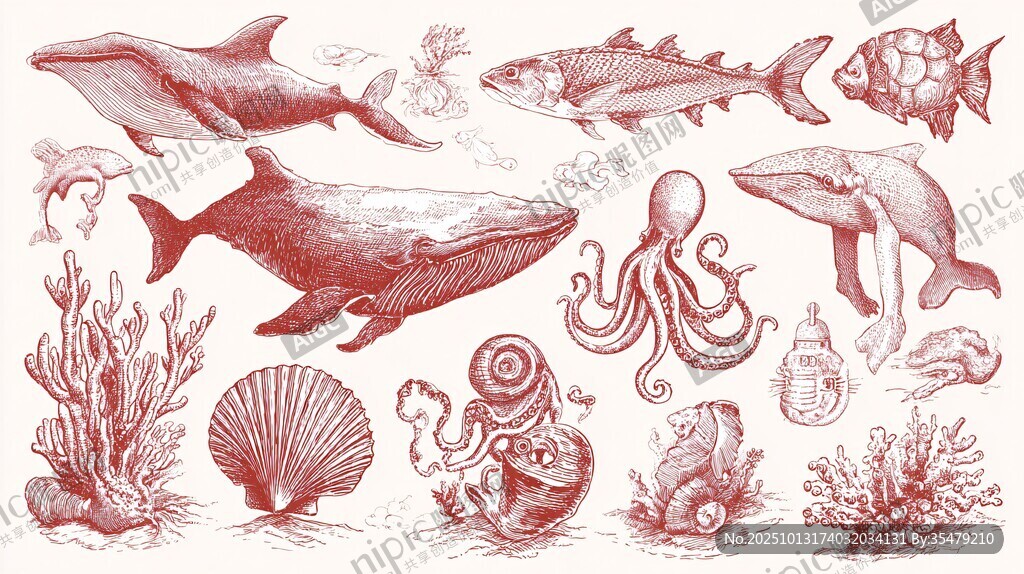 海洋生物手绘插画集合