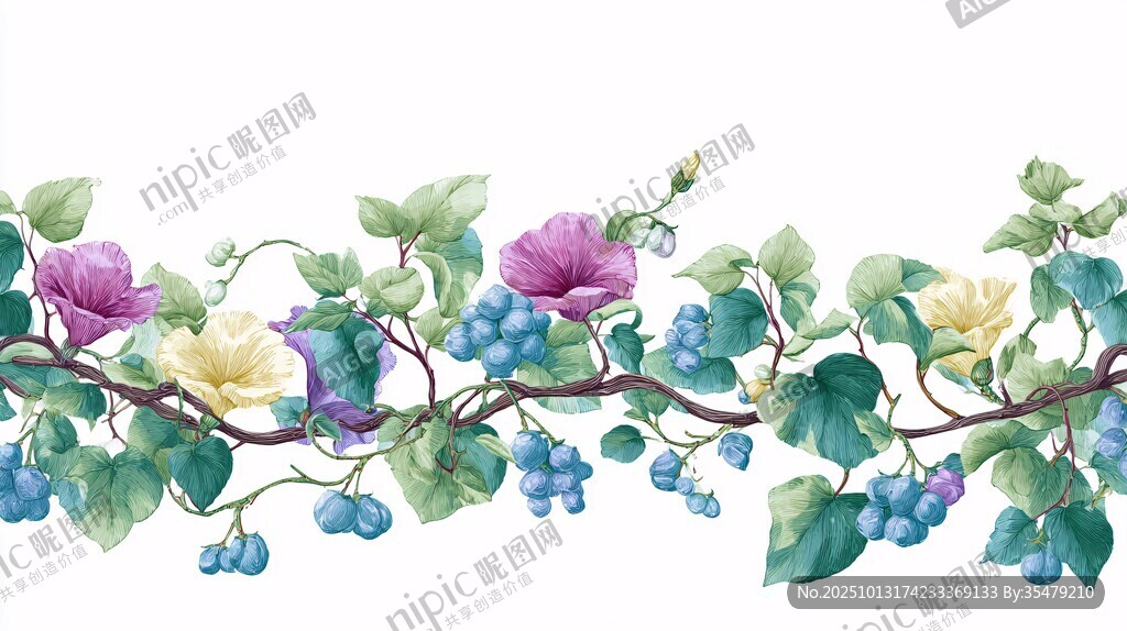 手绘藤蔓花卉果实装饰图