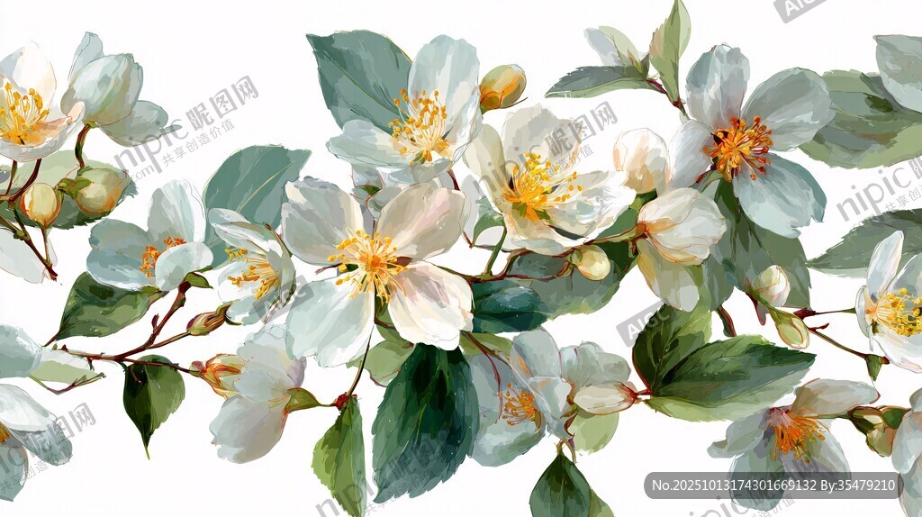 洁白茉莉花枝水彩插画