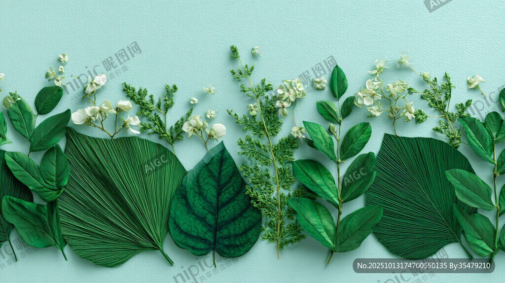 清新绿叶白花的自然排列