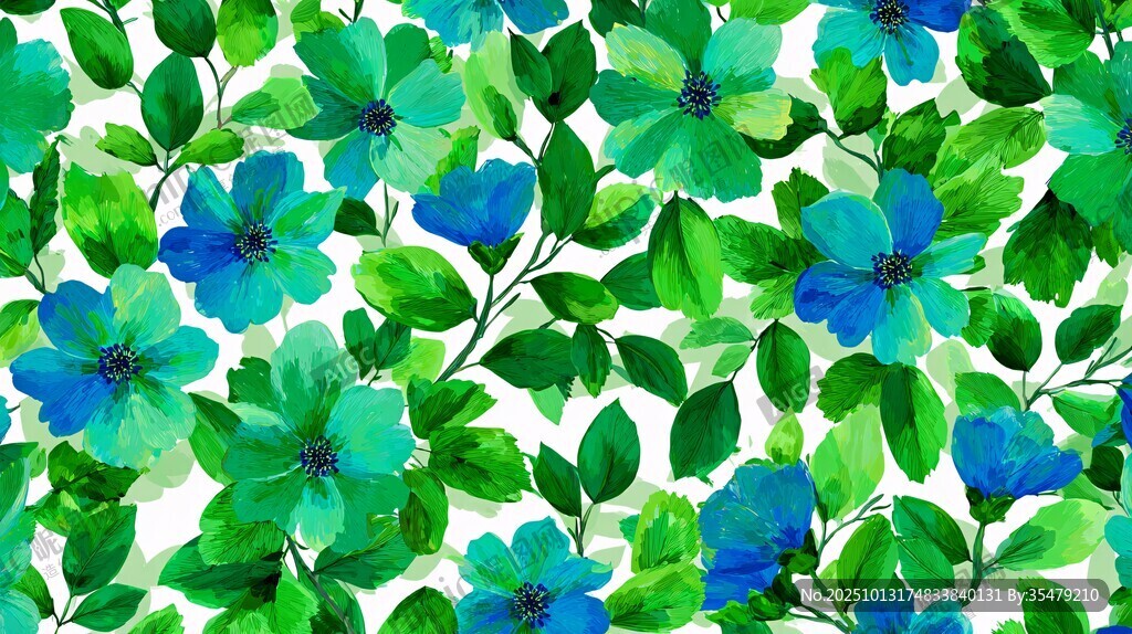 清新蓝绿花卉水彩图案