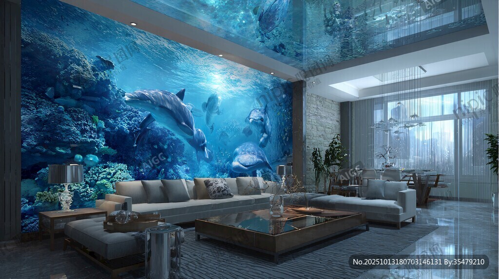 海洋主题客厅 梦幻墙绘景观