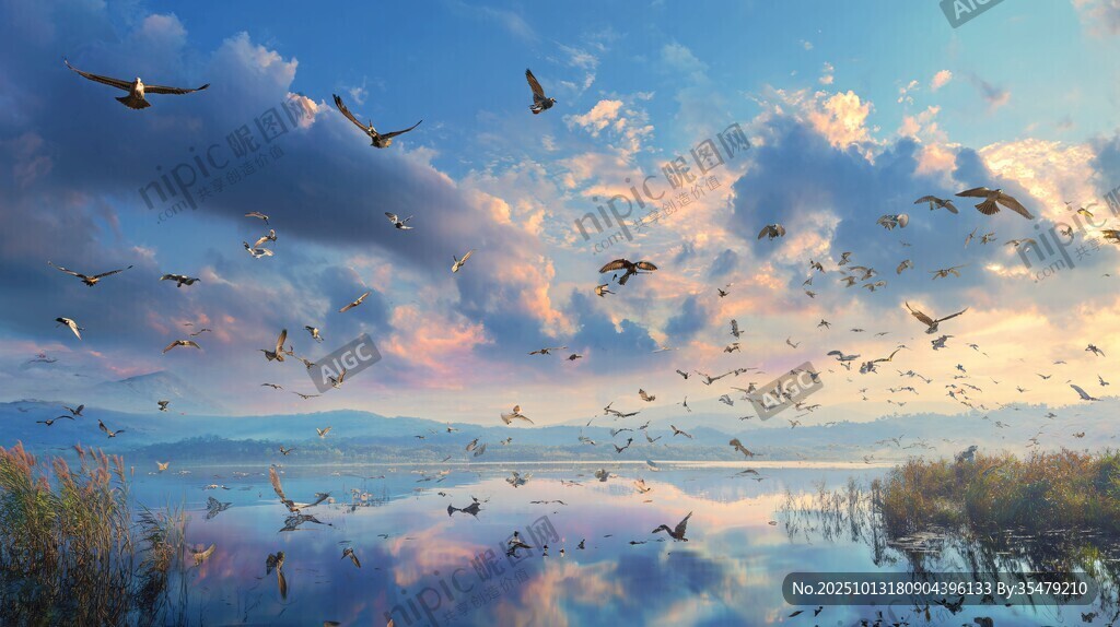 天空飞鸟与湖景梦幻画面