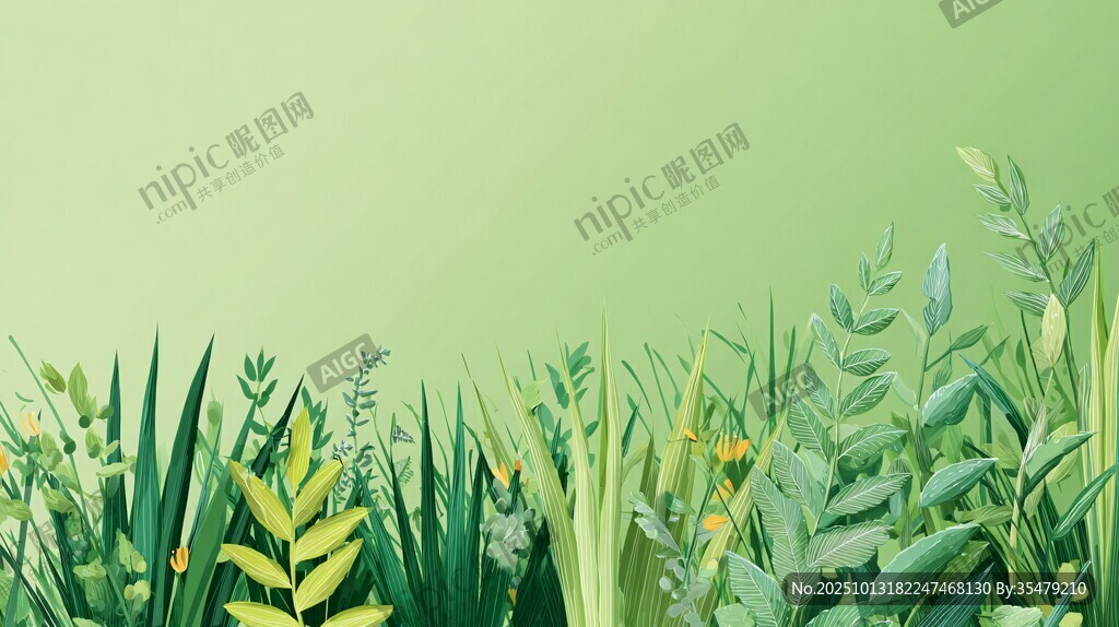 清新绿野植物插画背景