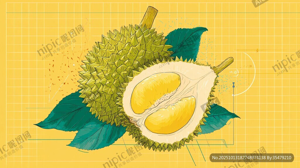 插画中的美味榴莲特写