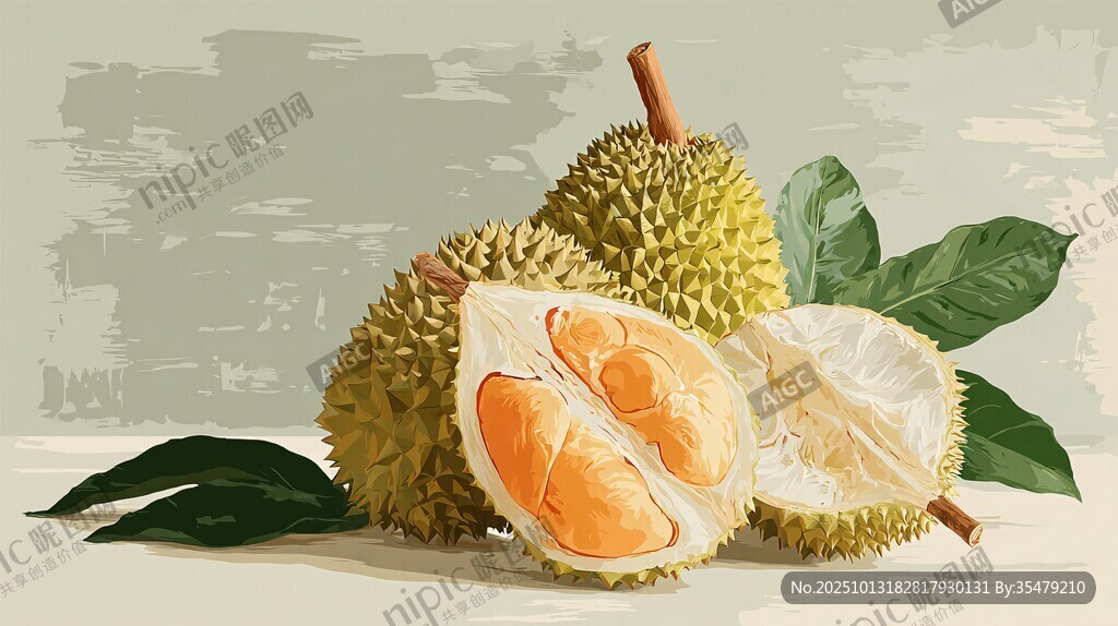 剥开的榴莲与绿叶静物画