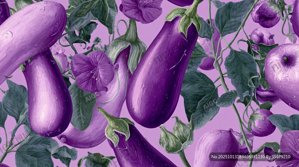紫色茄子花卉绿叶插画