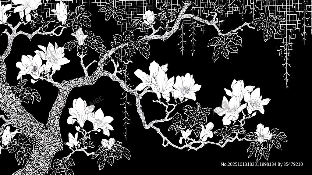 玉兰花黑白线描装饰图案