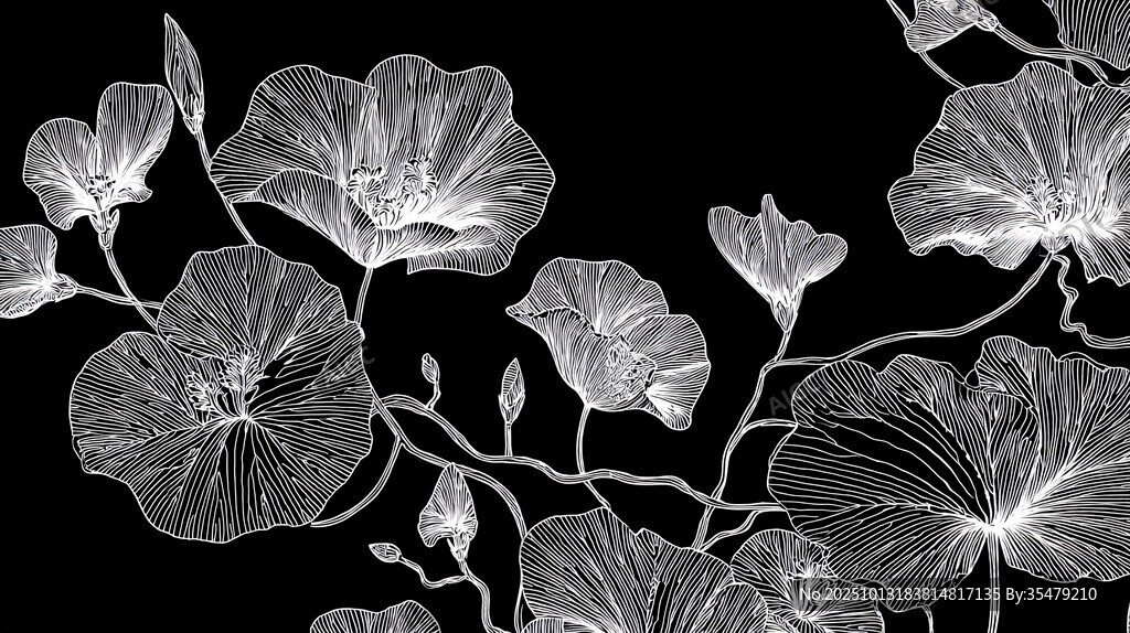 黑白花卉线条艺术图案