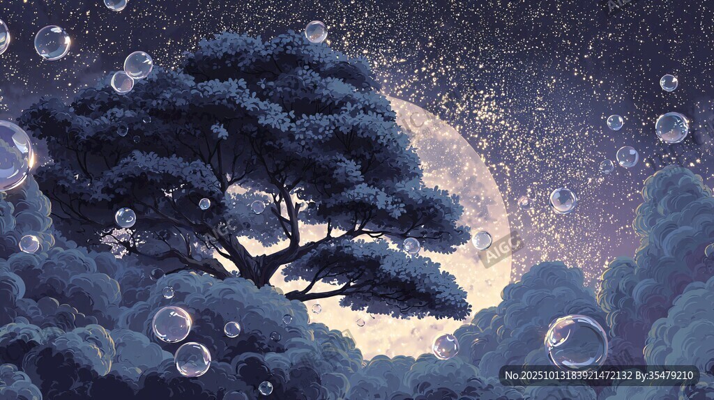 梦幻月夜下的树与泡泡世界