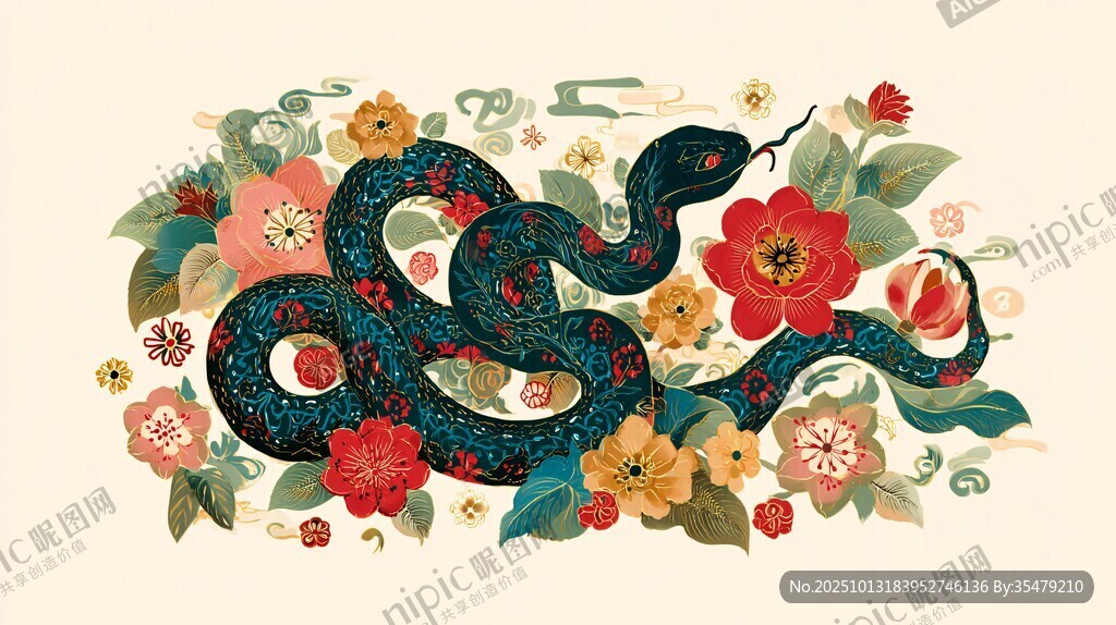 花中灵蛇 传统精美插画