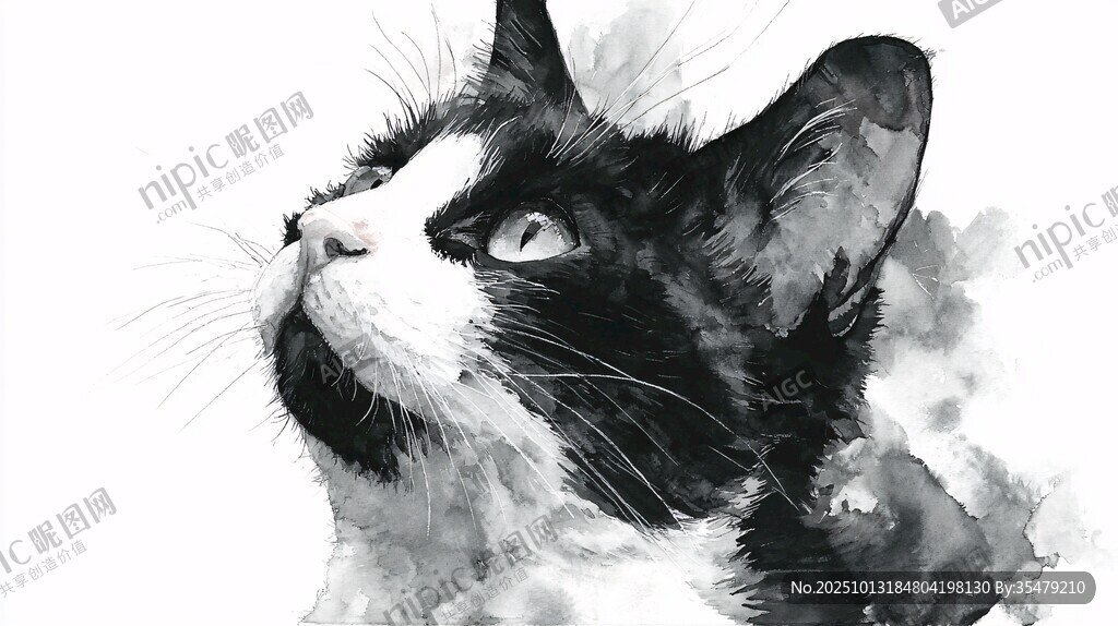 黑白水彩风猫咪抬头瞬间