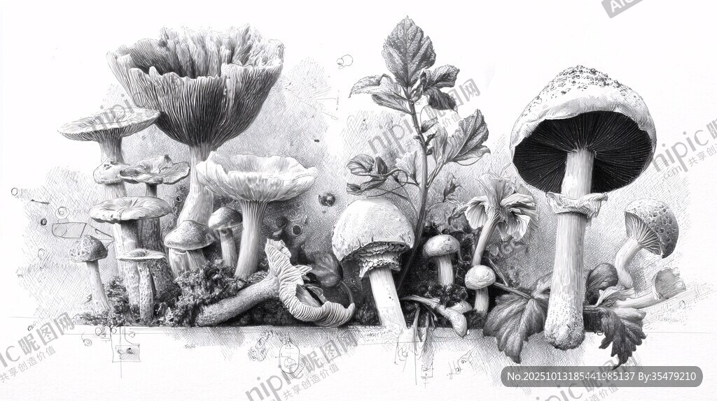 黑白手绘蘑菇植物组合图