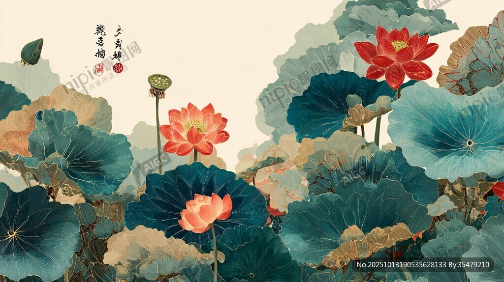 中式水墨风荷花盛景图