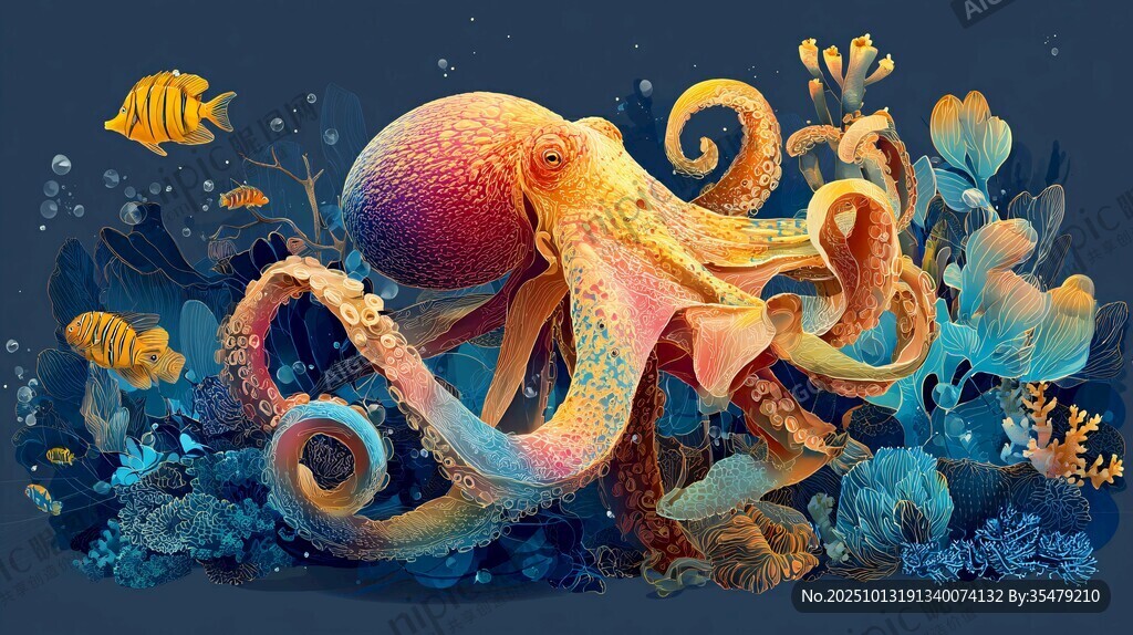 奇幻海底的多彩章鱼世界