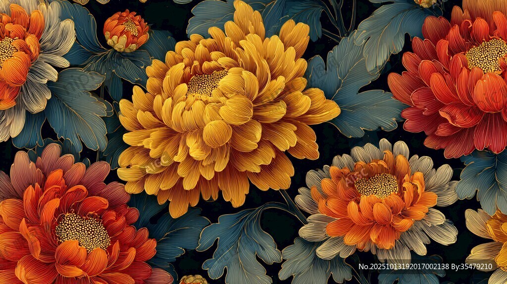 绚丽多彩菊花花卉图案