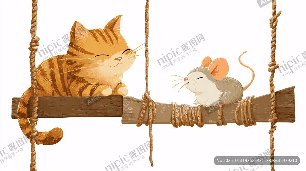 猫鼠同栖于木枝上