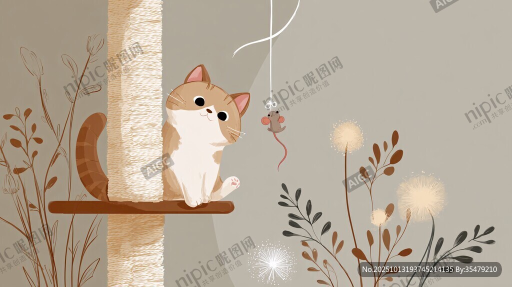 猫咪玩逗鼠玩具的温馨场景