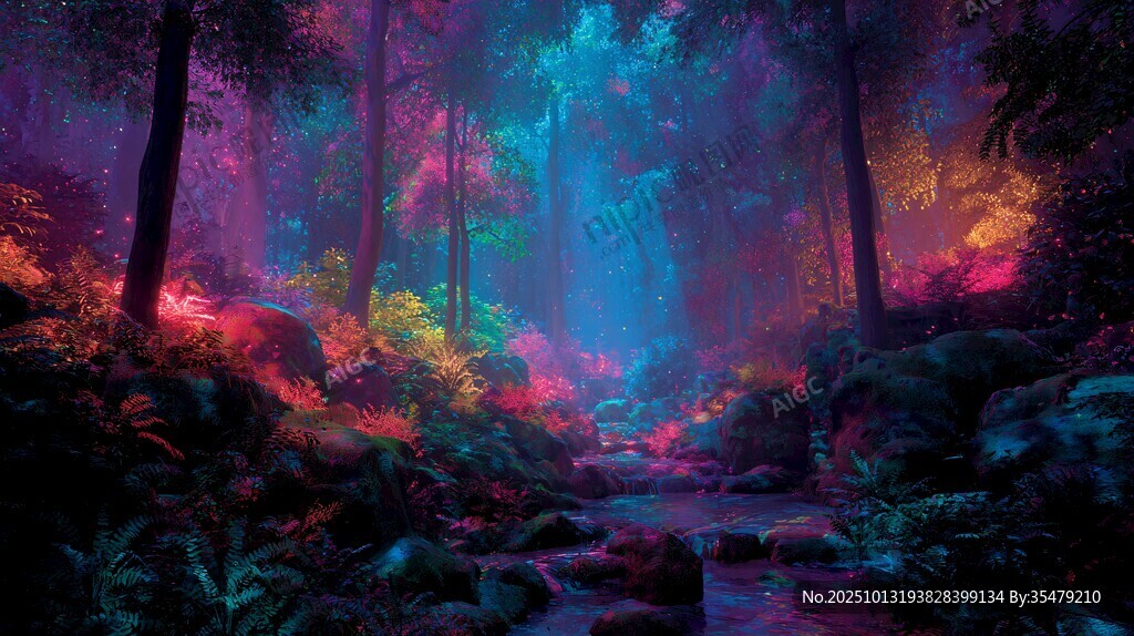 梦幻霓虹森林溪流景观
