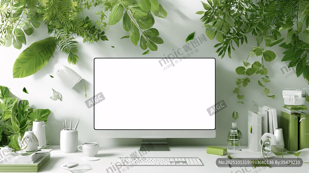绿植环绕的清新办公桌面