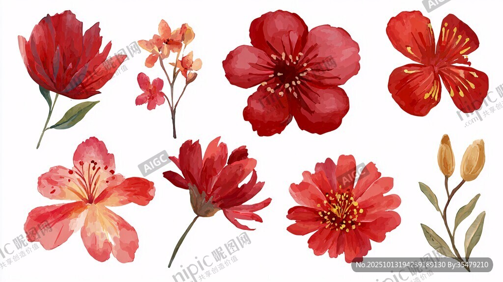 红色系水彩花卉插画集合