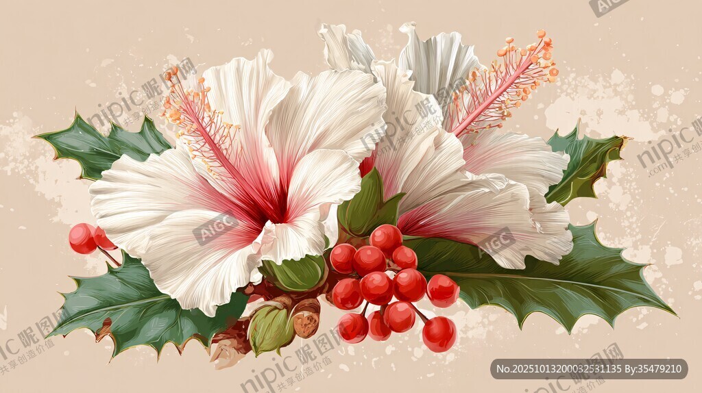 复古风白槿花与红果插画