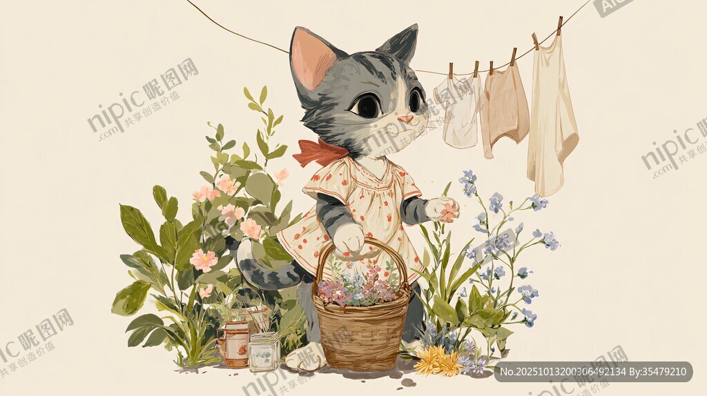 猫咪洗衣忙 花草相伴间