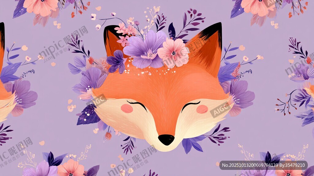 梦幻狐狸与花卉图案