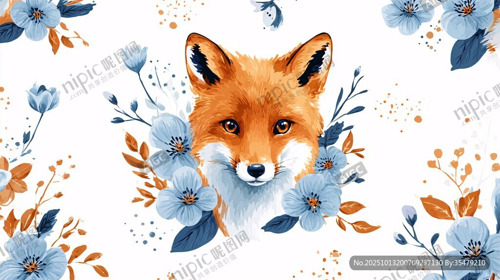 狐狸与花卉的梦幻插画