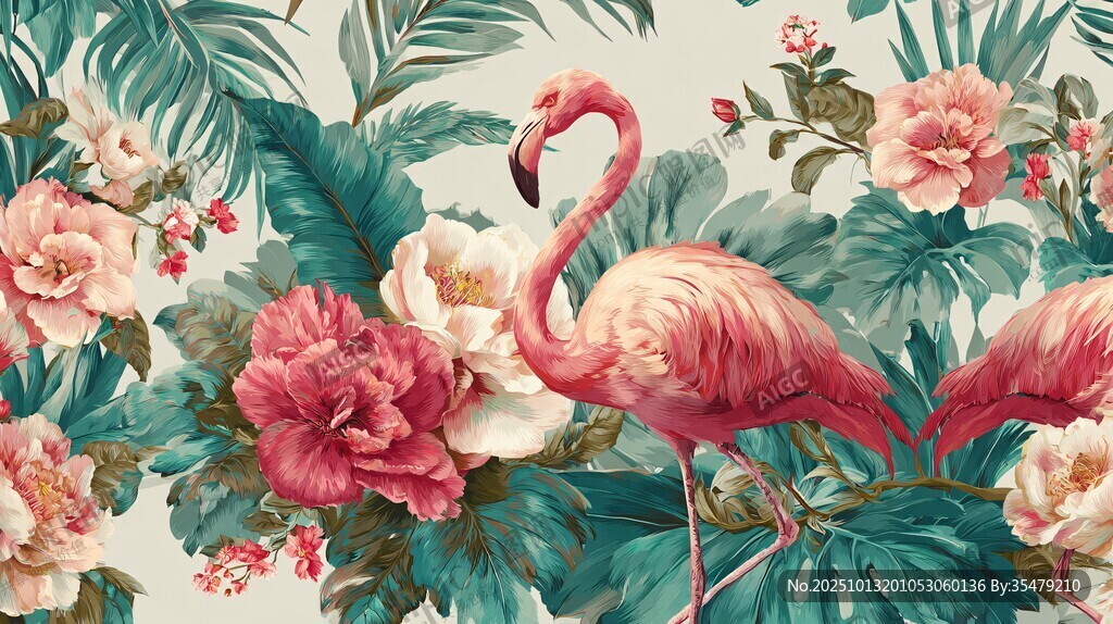 火烈鸟与花卉的热带风情画