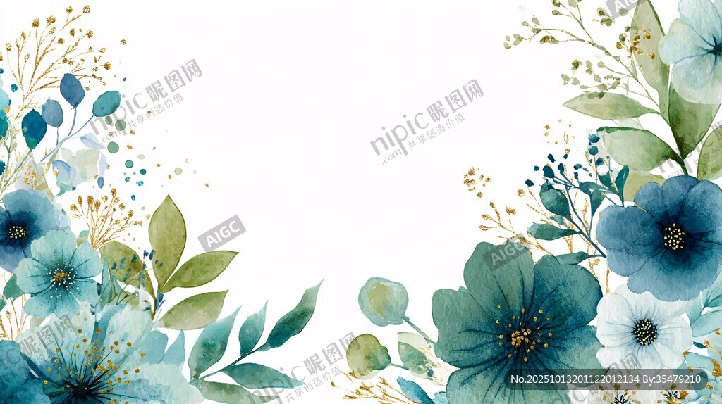 蓝绿花卉边框插画