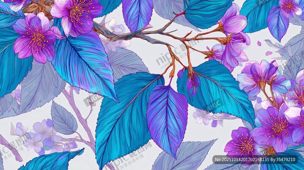 梦幻蓝紫花卉枝叶图案