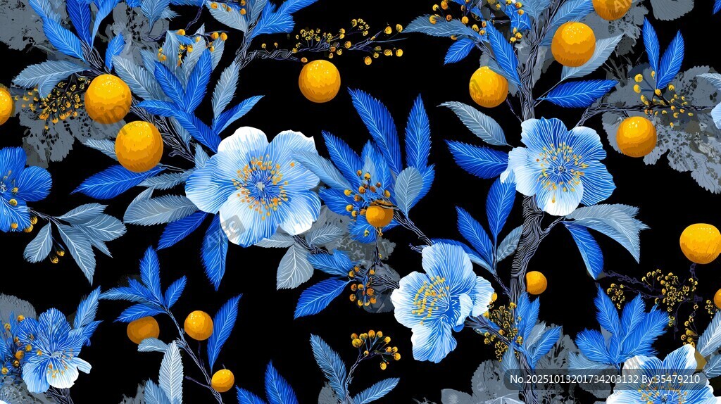 蓝花金果黑色背景花卉图