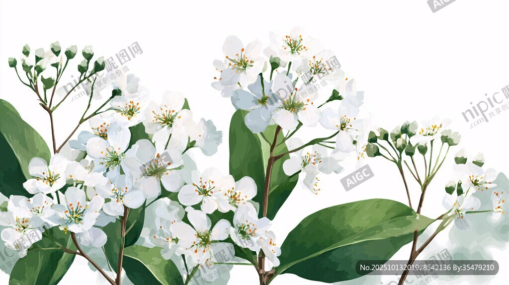 白色花卉绿叶清新插画