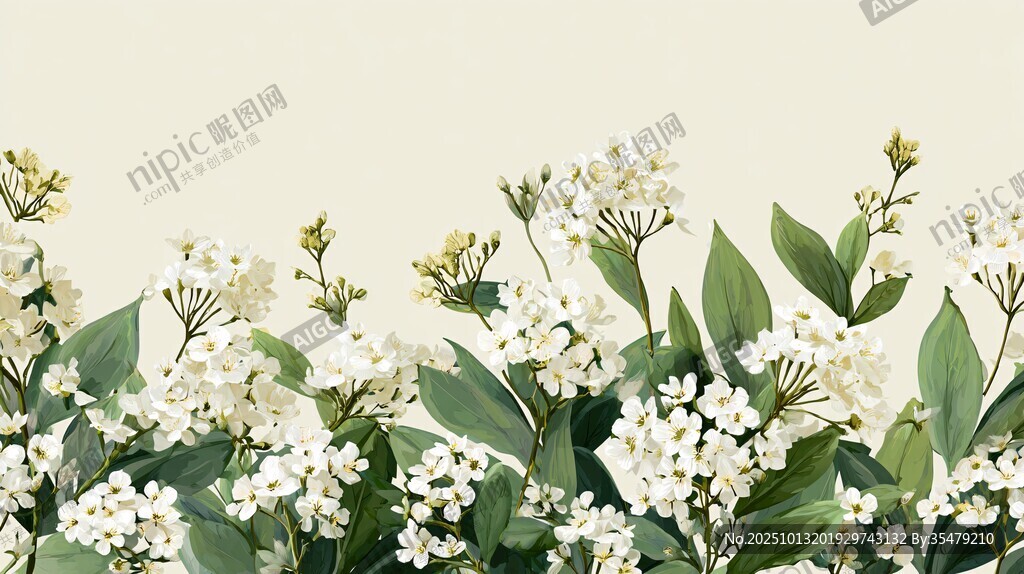 白色花卉绿植装饰画面