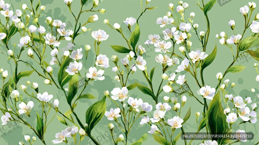 清新小白花绿叶植物插画