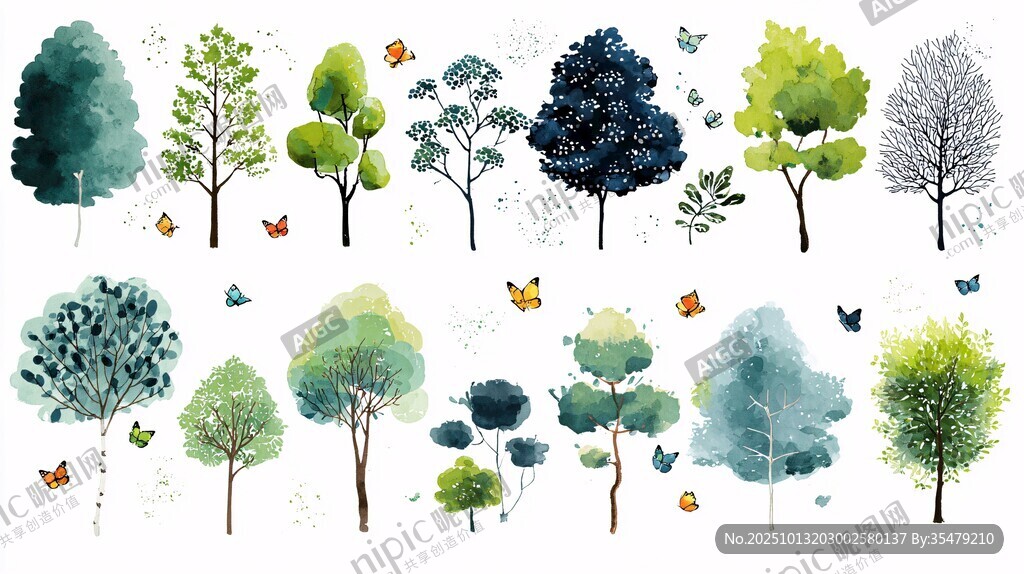 水彩风格多样树木插画