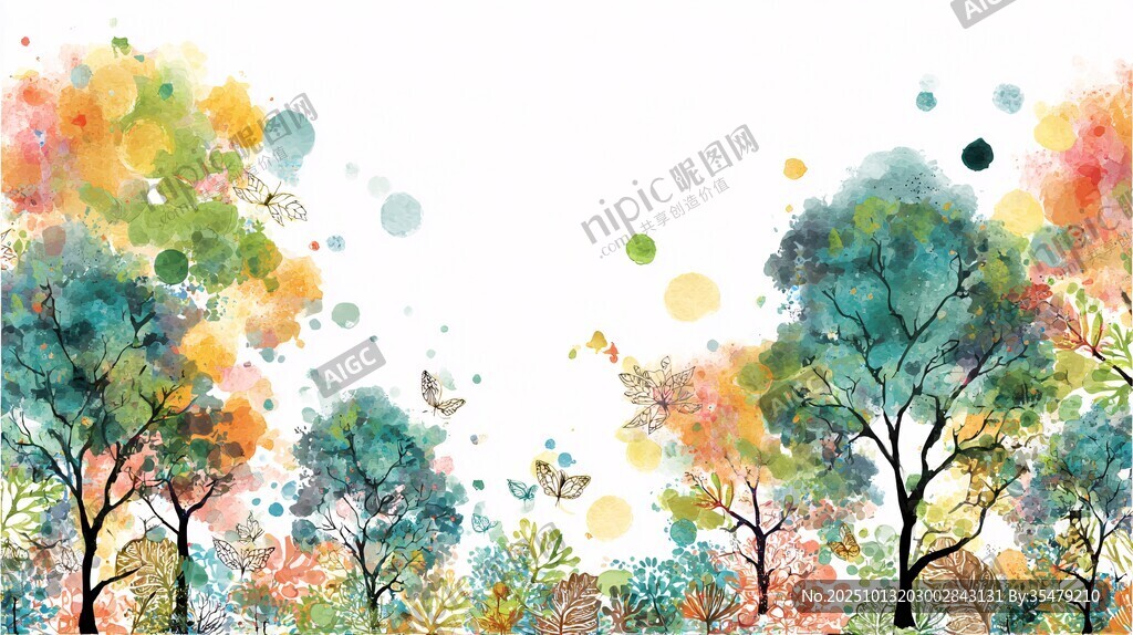 梦幻水彩森林景观画面
