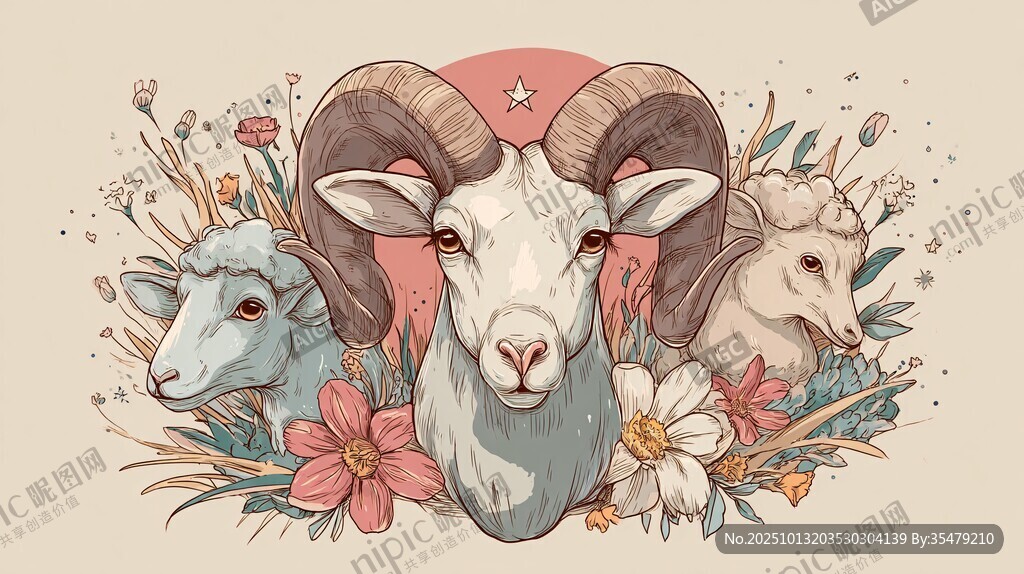 三只羊的花卉梦幻插画