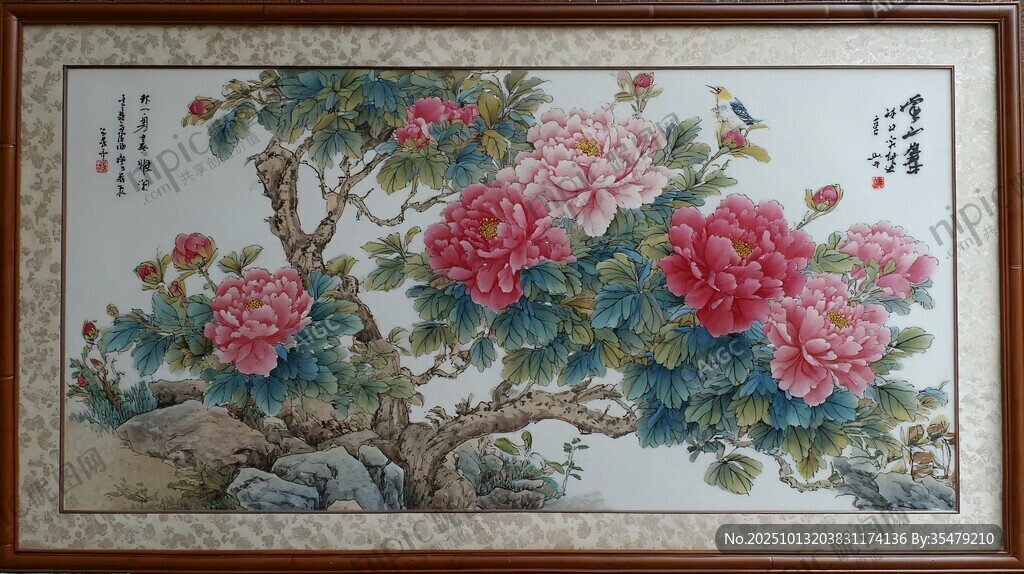 牡丹花鸟图 中式典雅画作