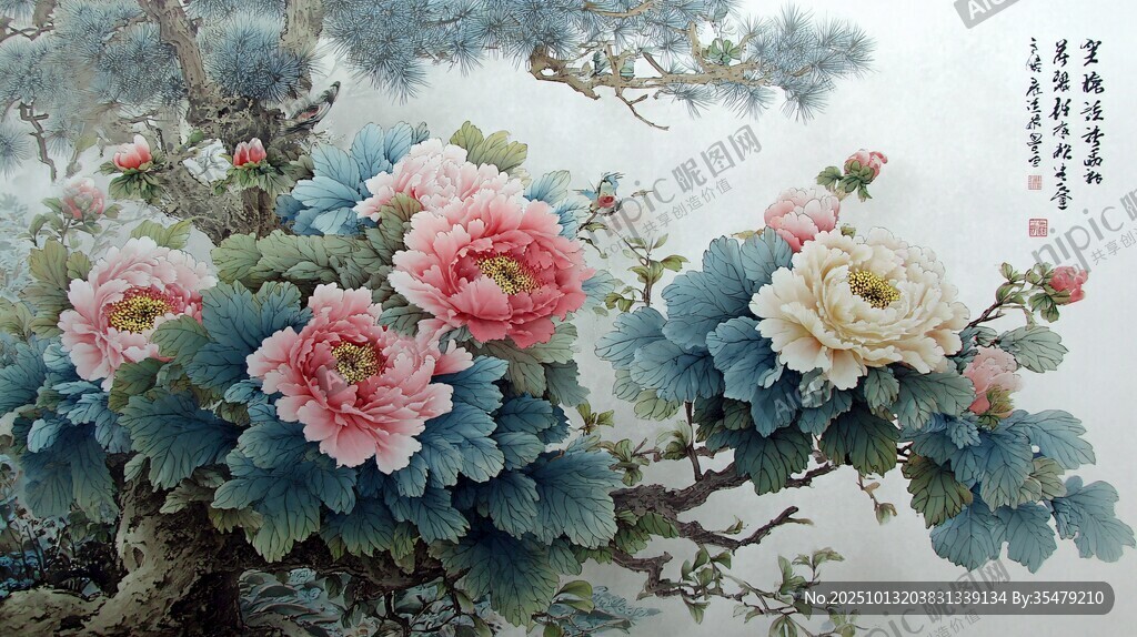 国画牡丹图 繁花映松枝