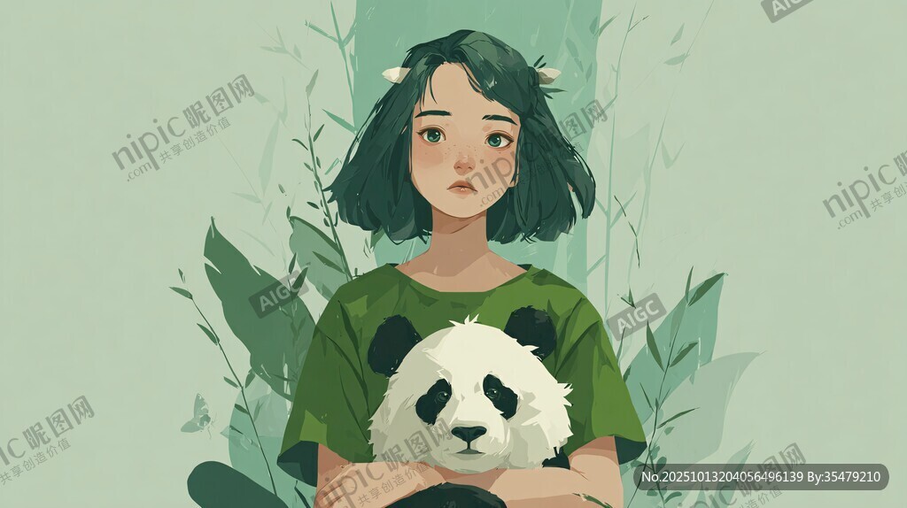 女孩怀抱熊猫的清新插画
