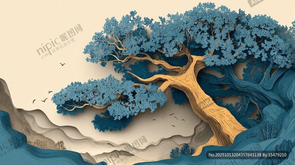 梦幻蓝树山水剪纸风插画