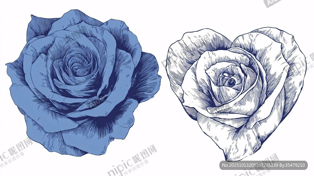 蓝玫瑰与心形玫瑰插画